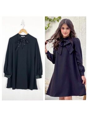 Amanda Uprichard Black Silk Neck Tie Puff Sleeve Mini Dress Large Quiet Luxury